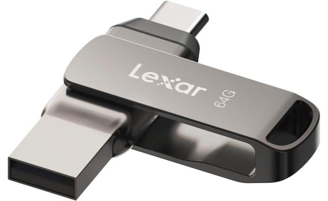 Lexar 64GB JumpDrive Dual Drive D400 USB 3.1 Type-C and Type-A Flash Drive for Storage Expansion and Backup, Up to 130MB/s Read, Metal Housing & Swivel Design, Titanium